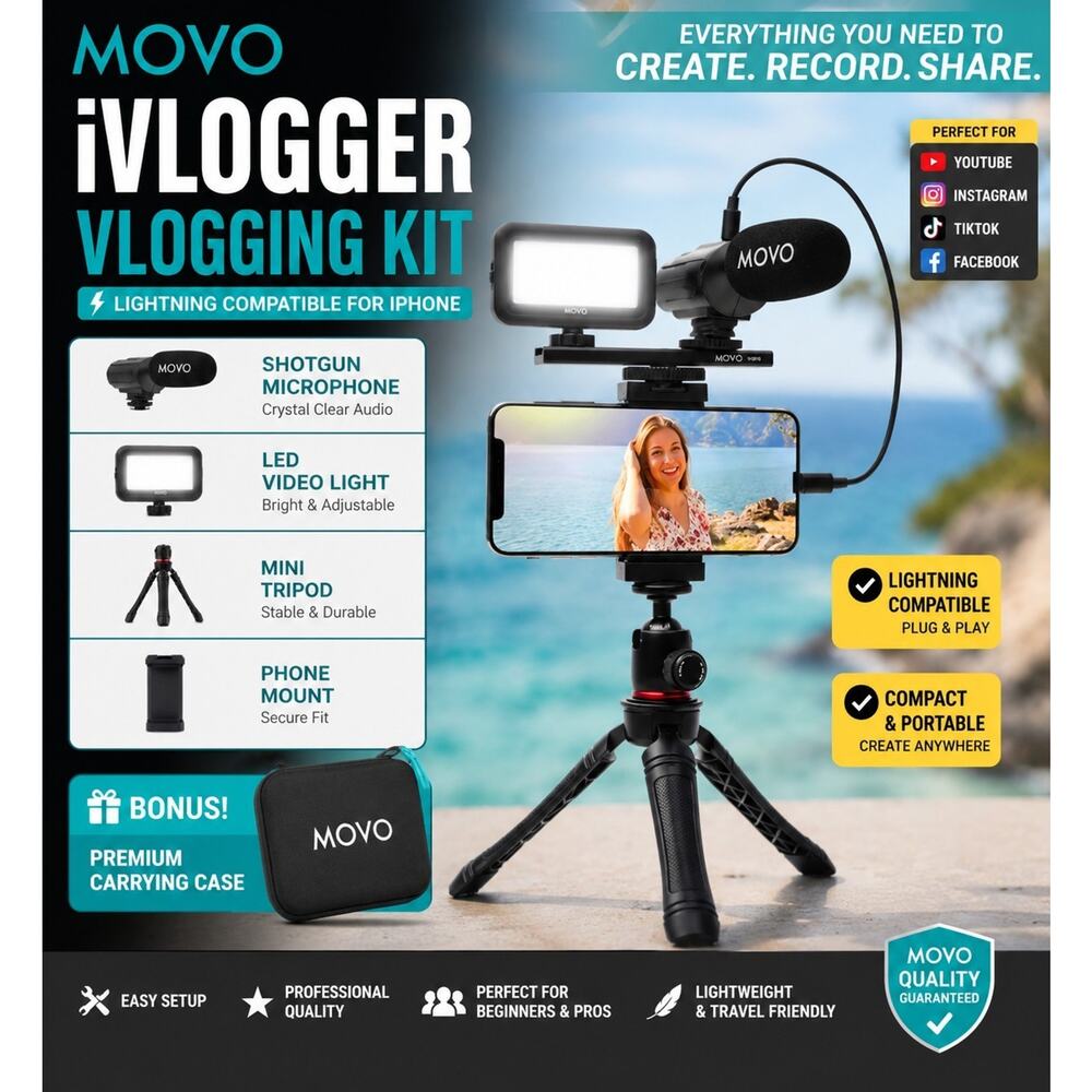 iVlogger Kit, iPhone Compatible Accessories LED Light Shotgun Microphone by Movo